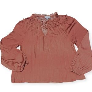 EVEREVE Women’s Rust Satin Smocked Neck Peasant Long Sleeve Top Size S